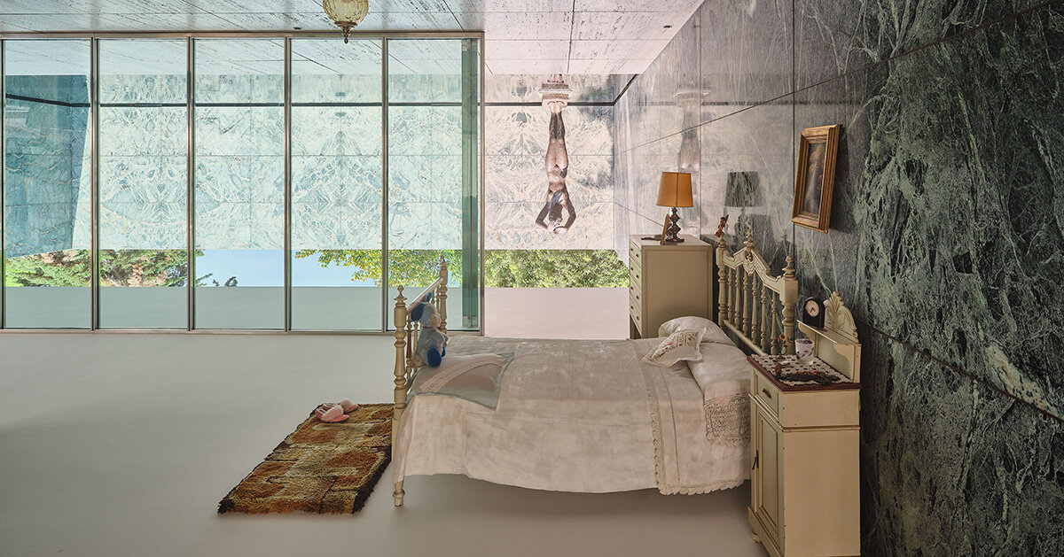 xevi bayona flips barcelona pavilion with ceiling-bound house relics