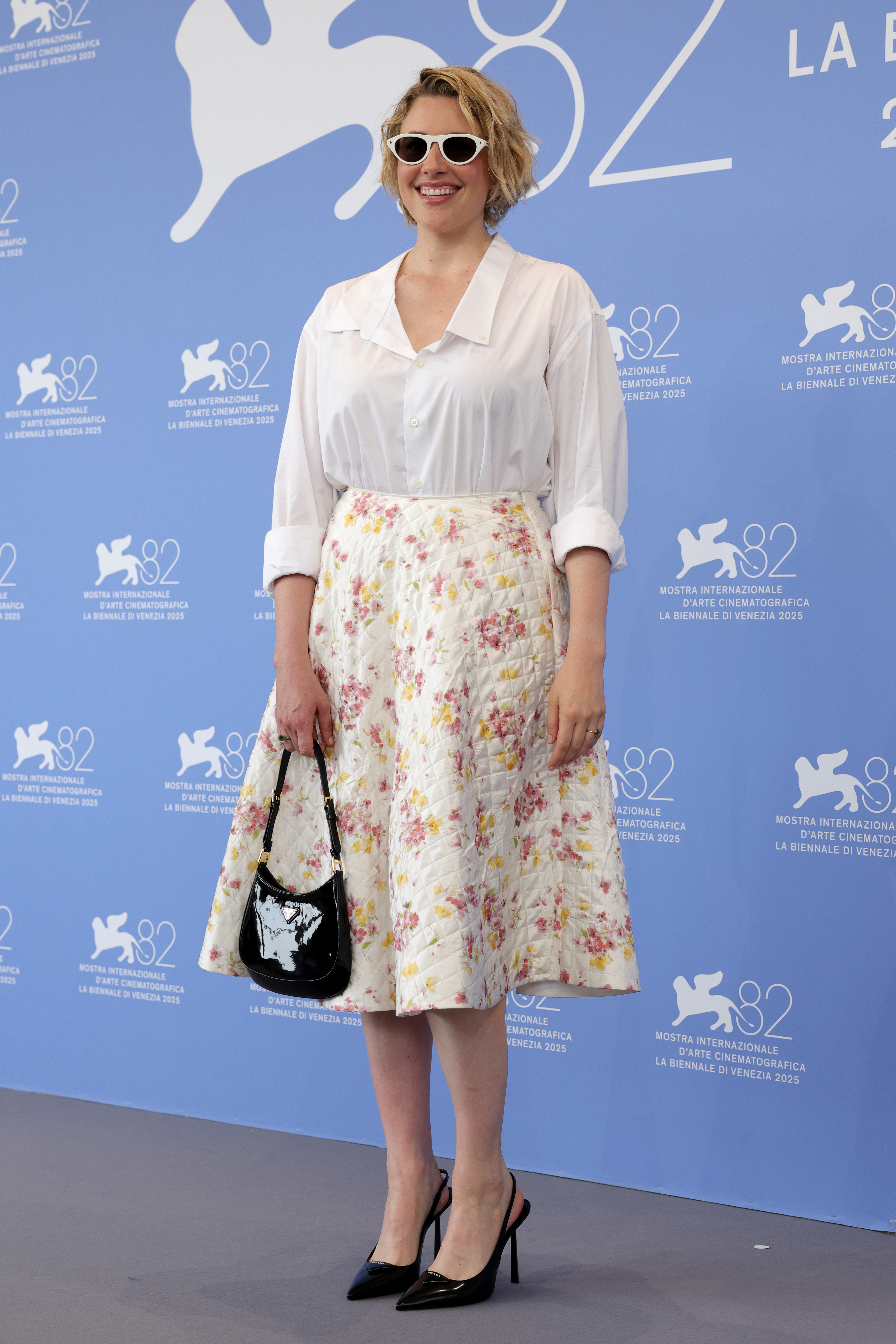 Greta Gerwig attends the "Jay Kelly" photocall during the 82nd Venice International Film Festival on August 28, 2025 in Venice, Italy.